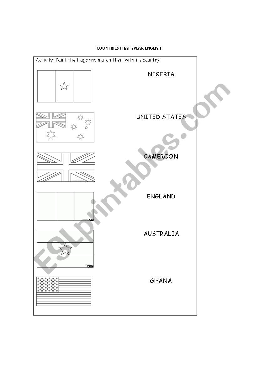 Countries that speak English worksheet