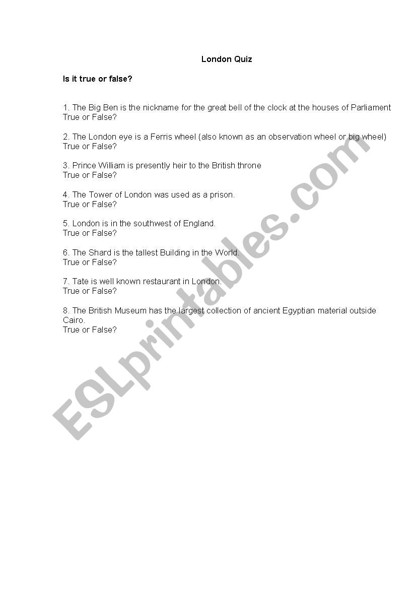 London Quiz worksheet