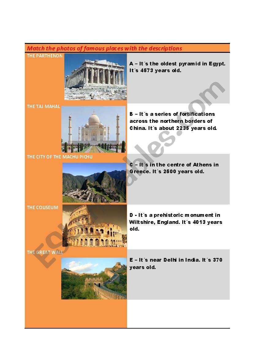 FAMOUS PLACES IN THE WORLD worksheet
