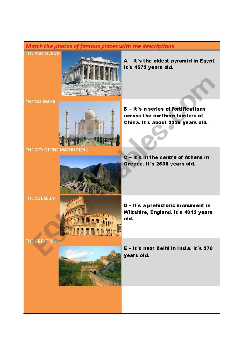 FAMOUS PLACES IN THE WORLD worksheet