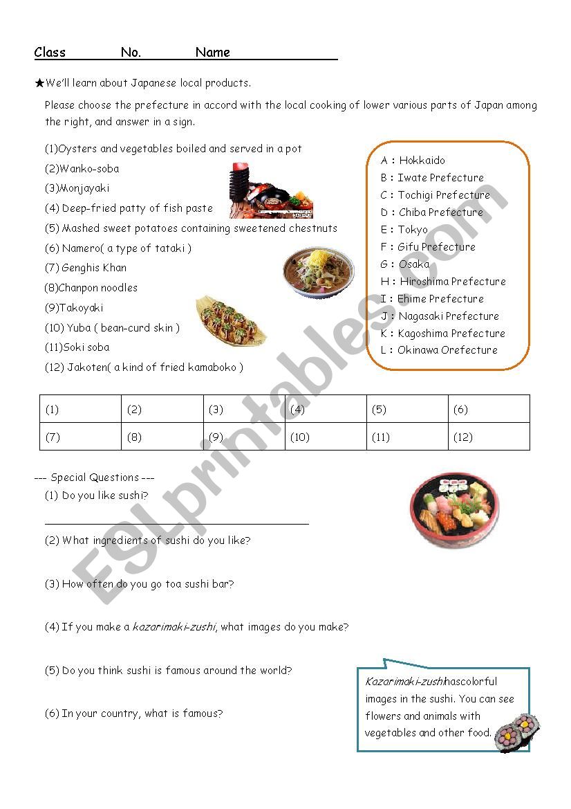 local produsts in Japan worksheet