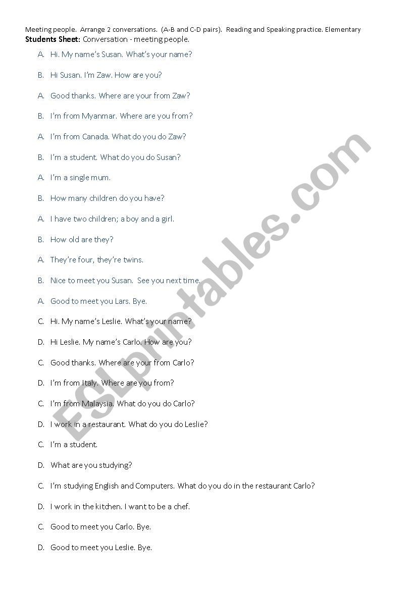 Conversation - Meeting People worksheet