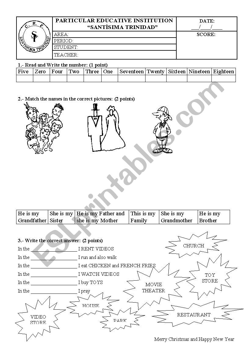 Test for third grade of Primary Numbers , places , animals