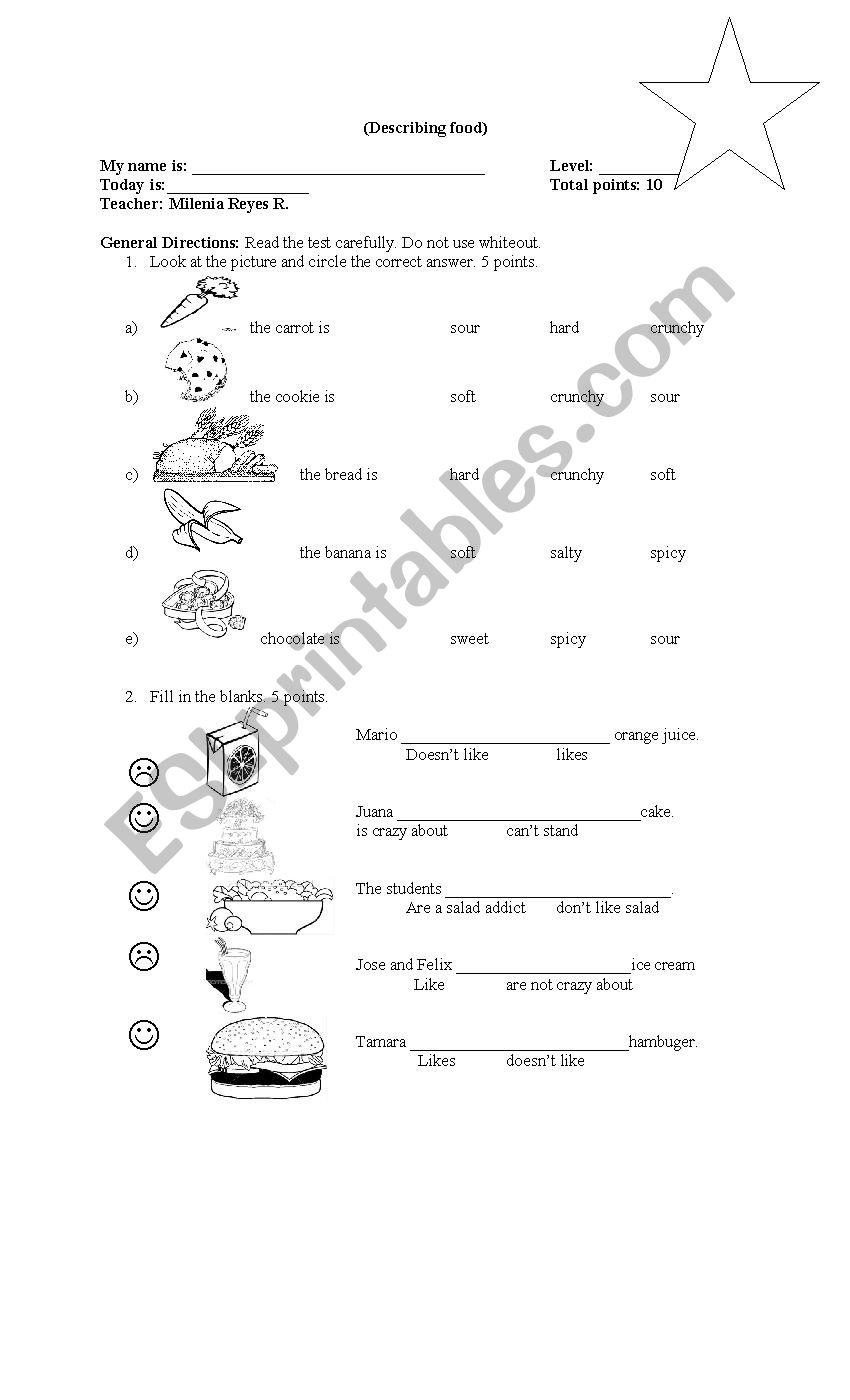 describing food worksheet