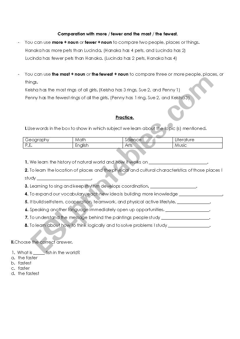 Use Of More Fewer Less Most Fewest And Least ESL Worksheet By