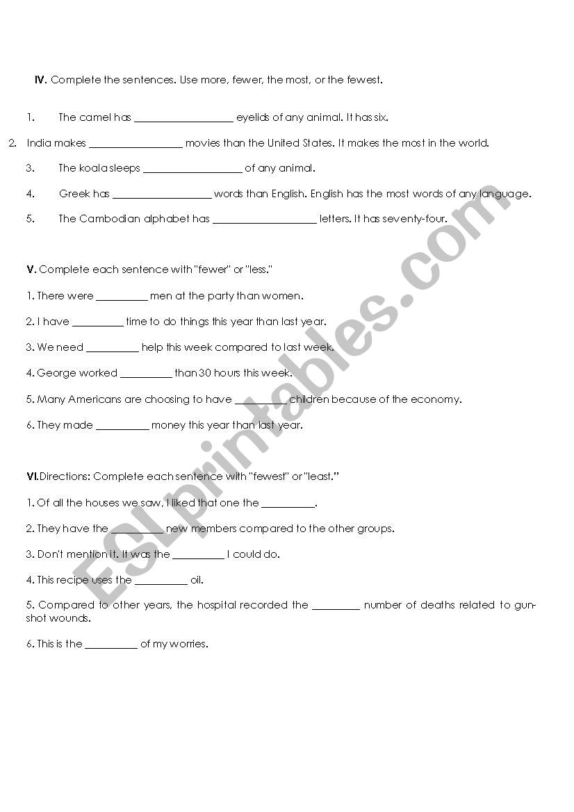 Superlative Nouns Worksheets Using Most Least And Fewest