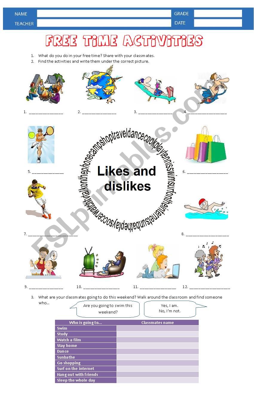 free time activites  worksheet