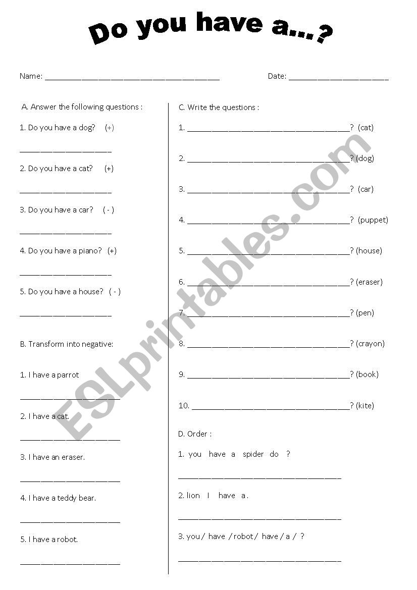 DO YOU HAVE A...? worksheet