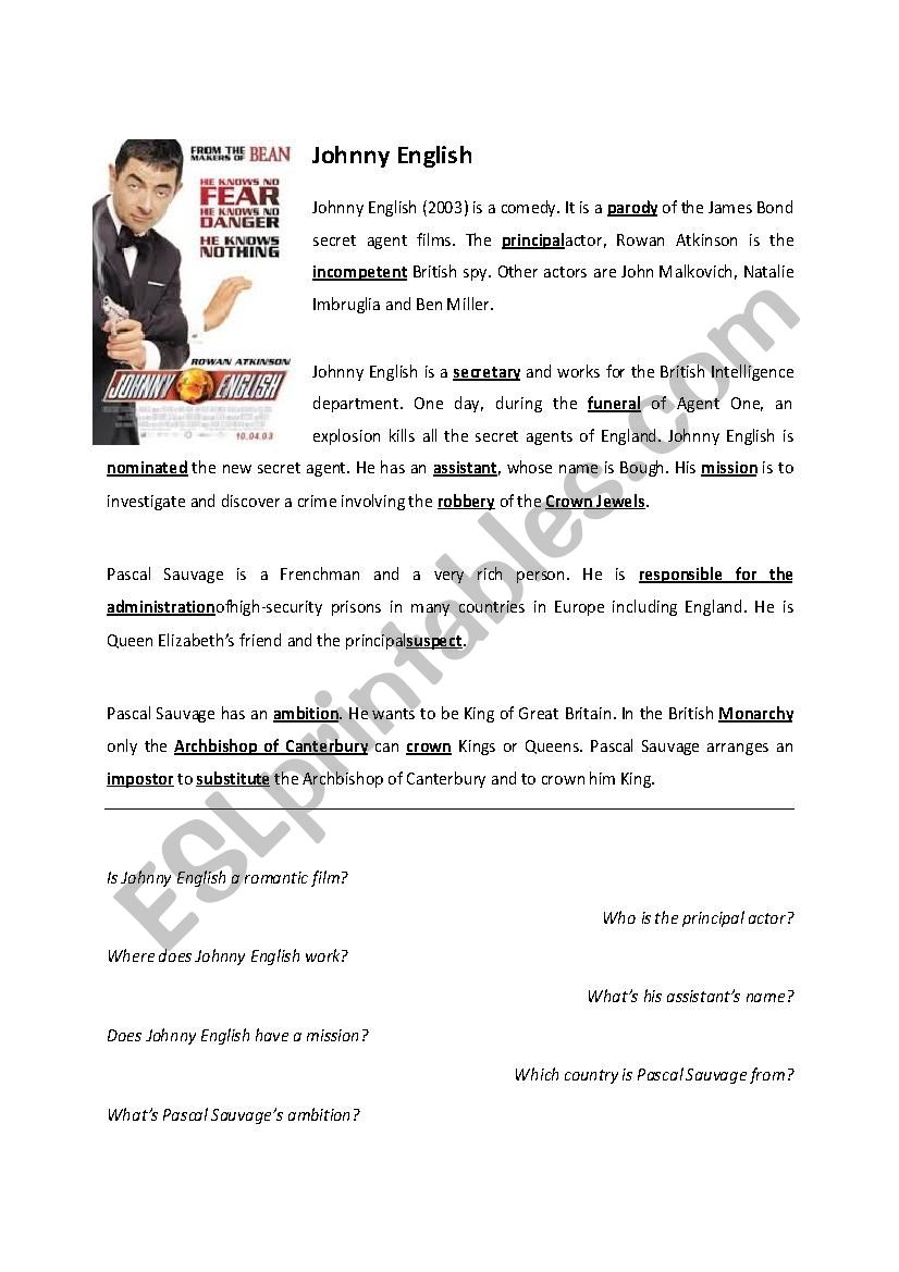 Johnny English (film) article & worksheet