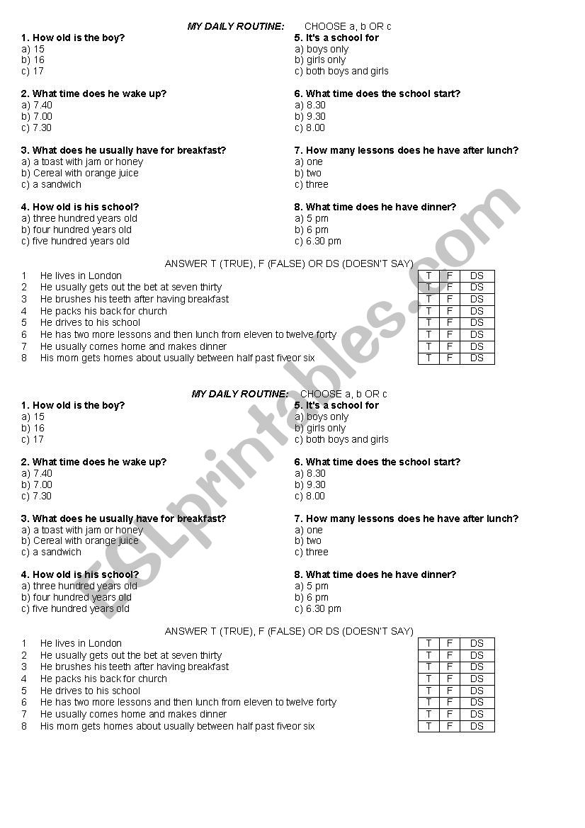 Daily routine worksheet