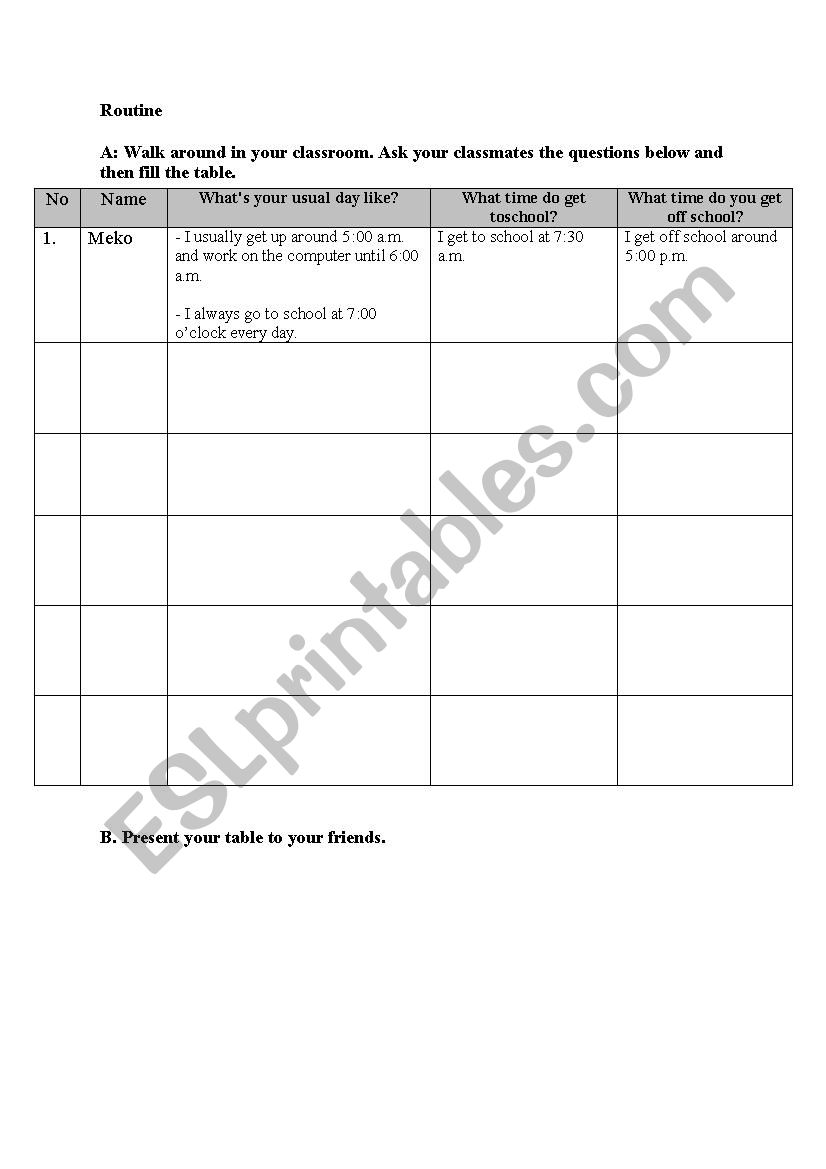 routine worksheet