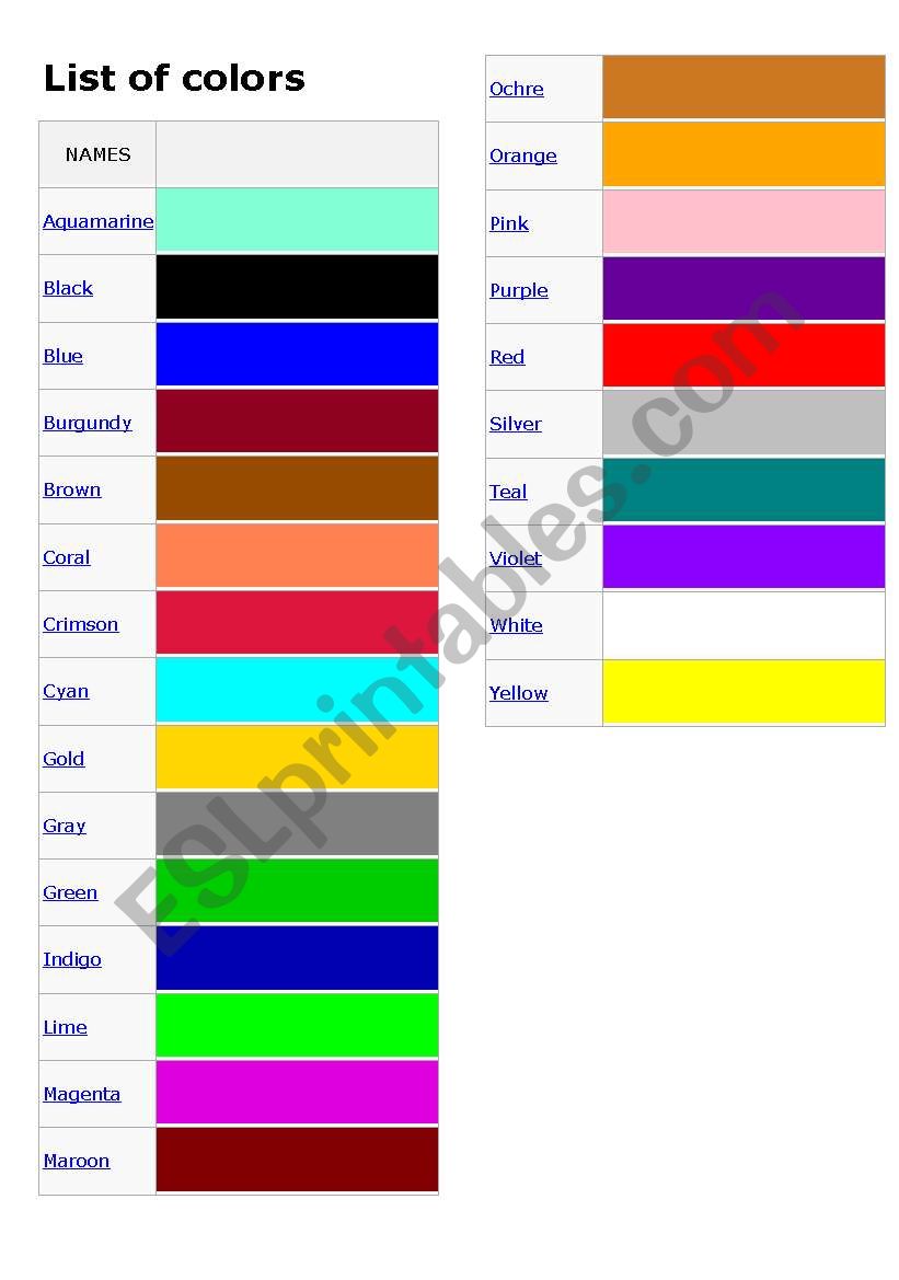 Types of colors worksheet