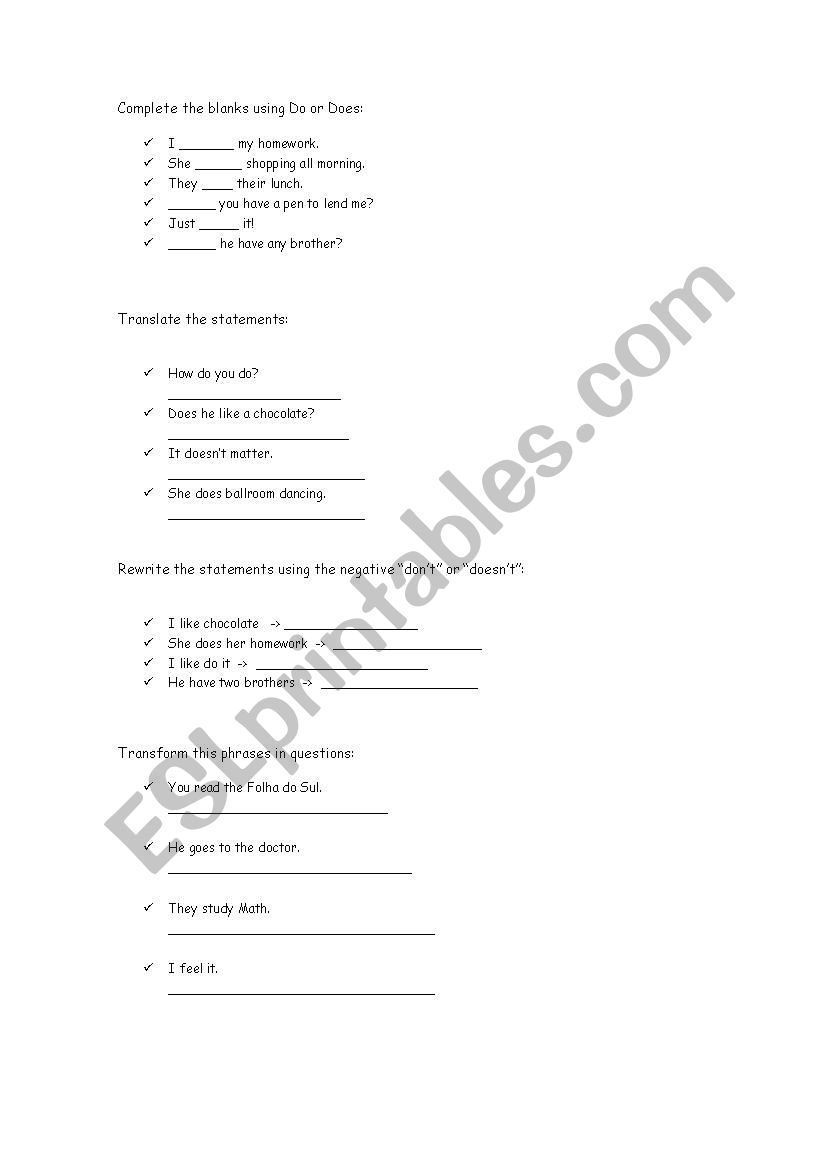 Using Do and Does worksheet