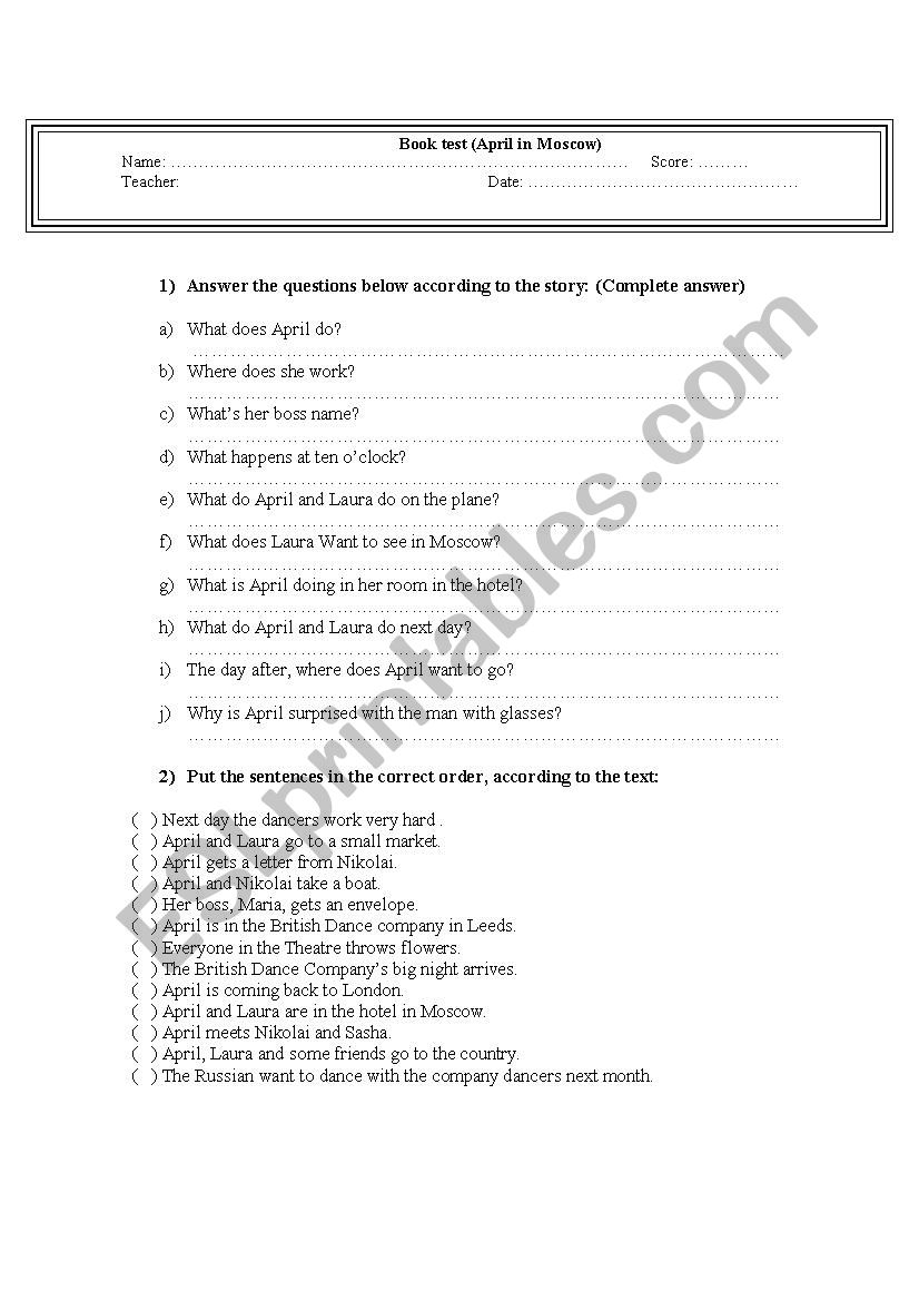 Book test- April in Moscow worksheet