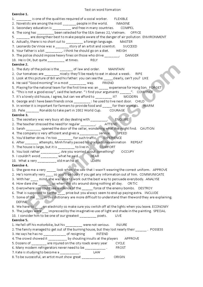 Test on word formation worksheet