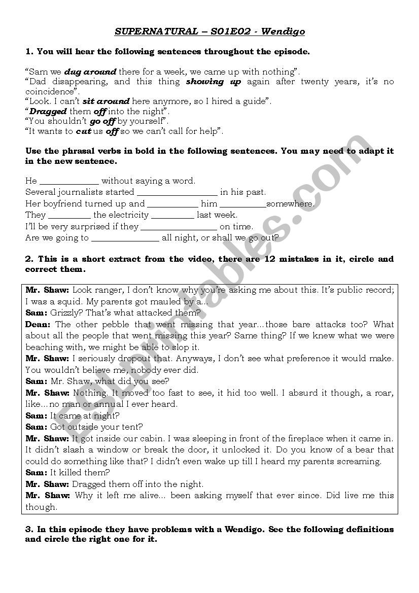 Supernatural - Wendigo worksheet