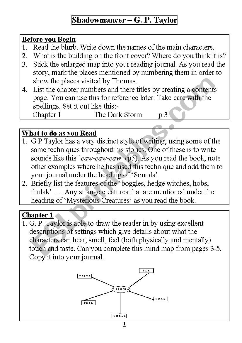 Shadowmancer Comprehension worksheet