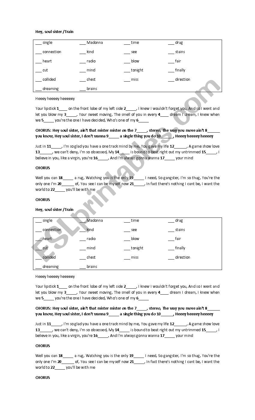 hey soul sister song worksheet