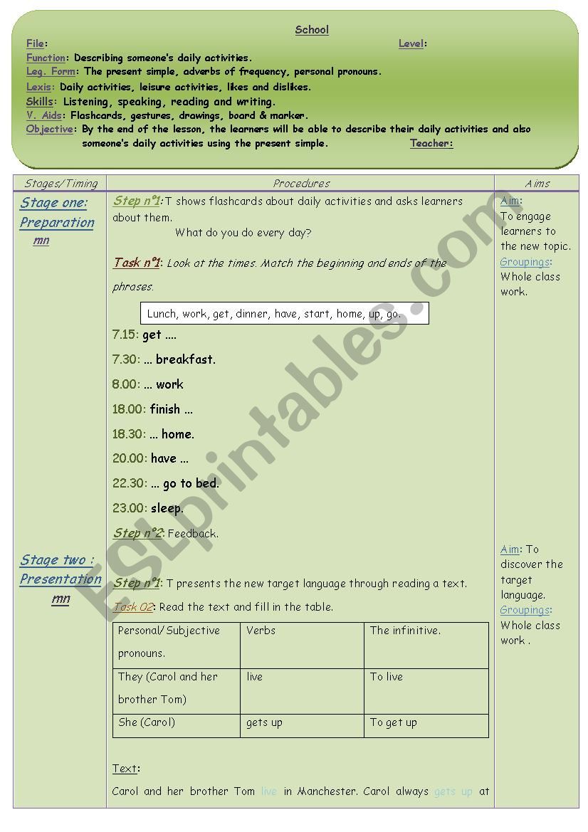 worksheet about daily activities using the present simple.