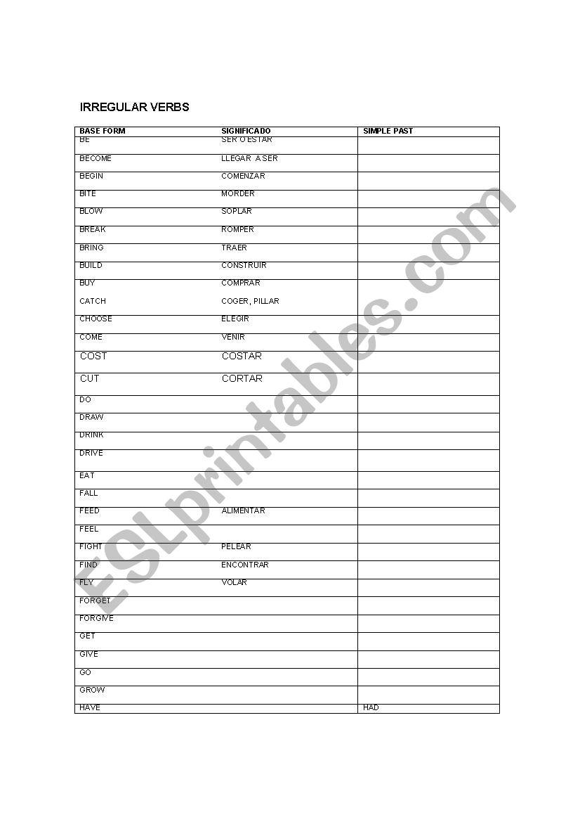 Exercice with Irregular Verbs worksheet