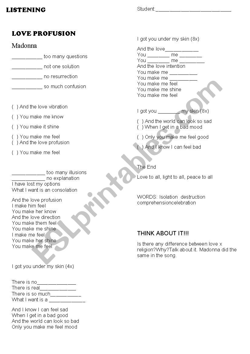 Love profusion Song worksheet