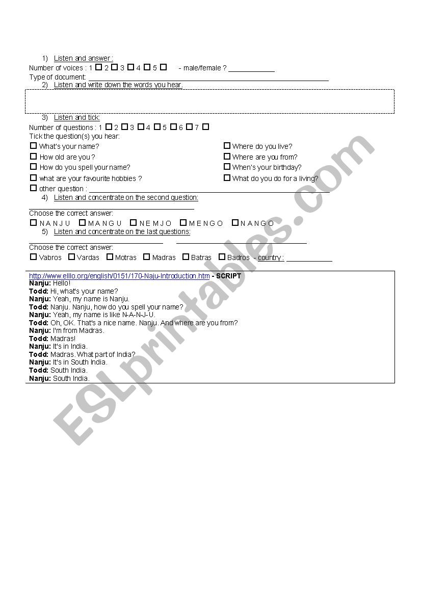 meet Nanju - from elllo.org worksheet meet Nanju - from elllo.org worksheet