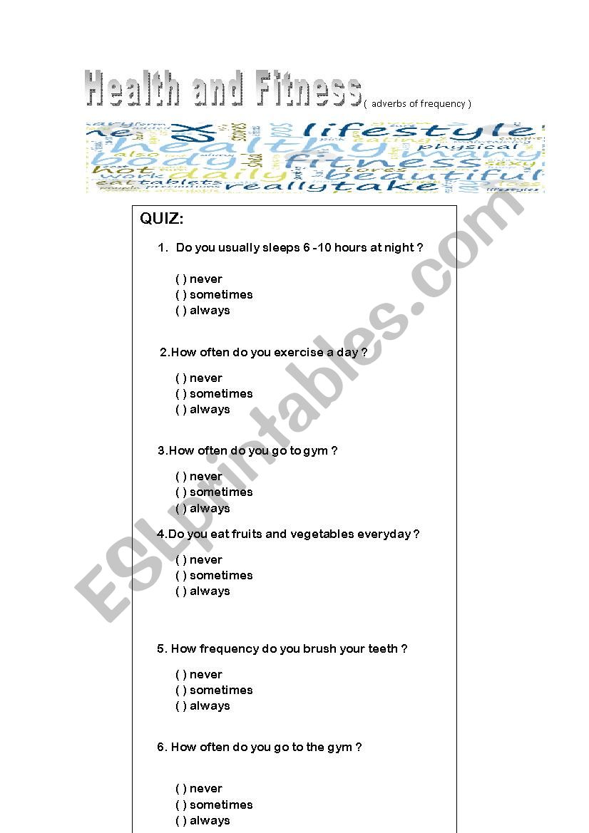 health and fitnees worksheet