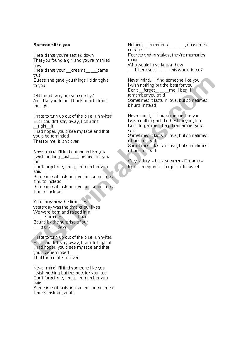 filling gaps someone like you worksheet