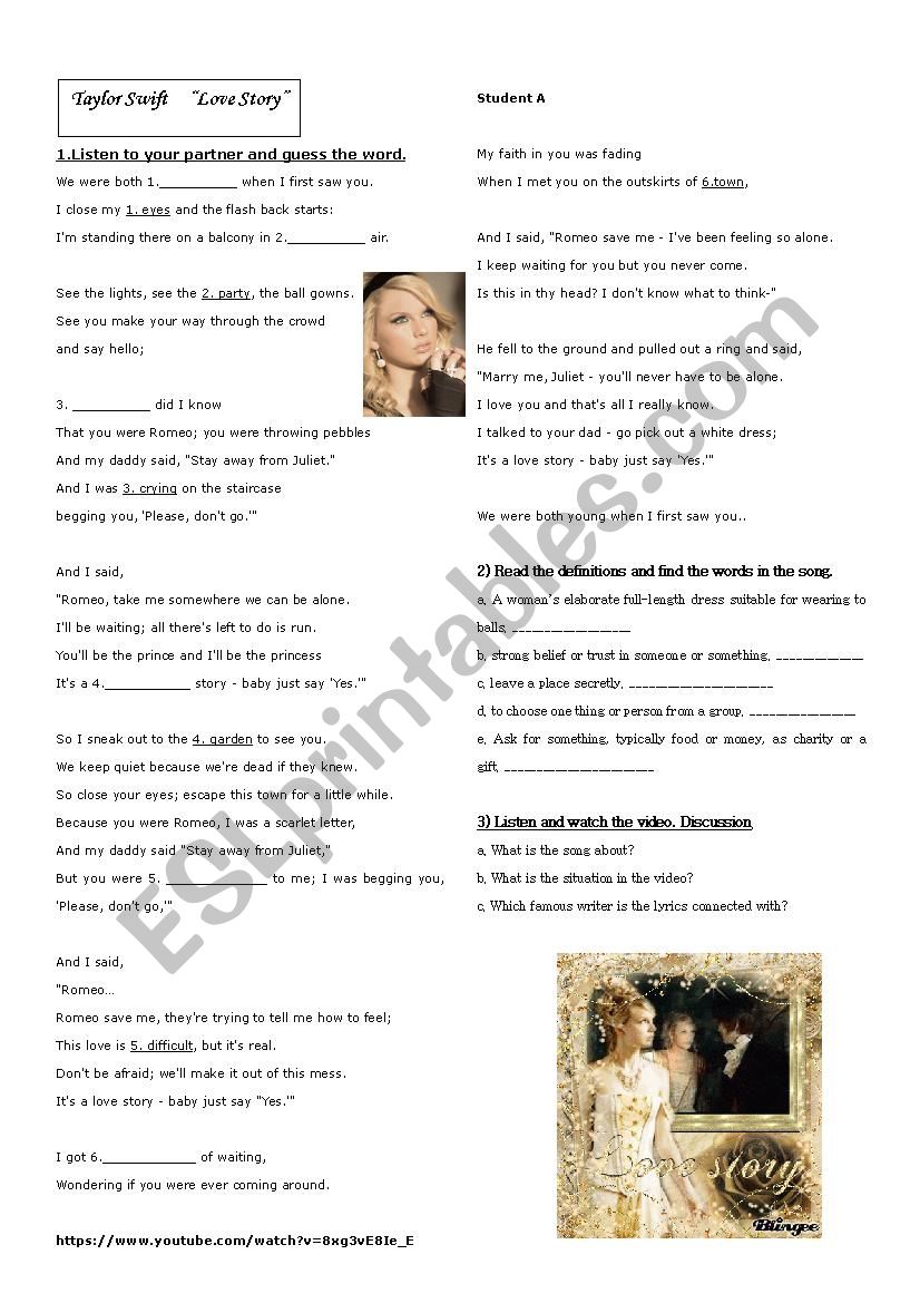 Love Song Taylor Swift Esl Worksheet By Silvianeider