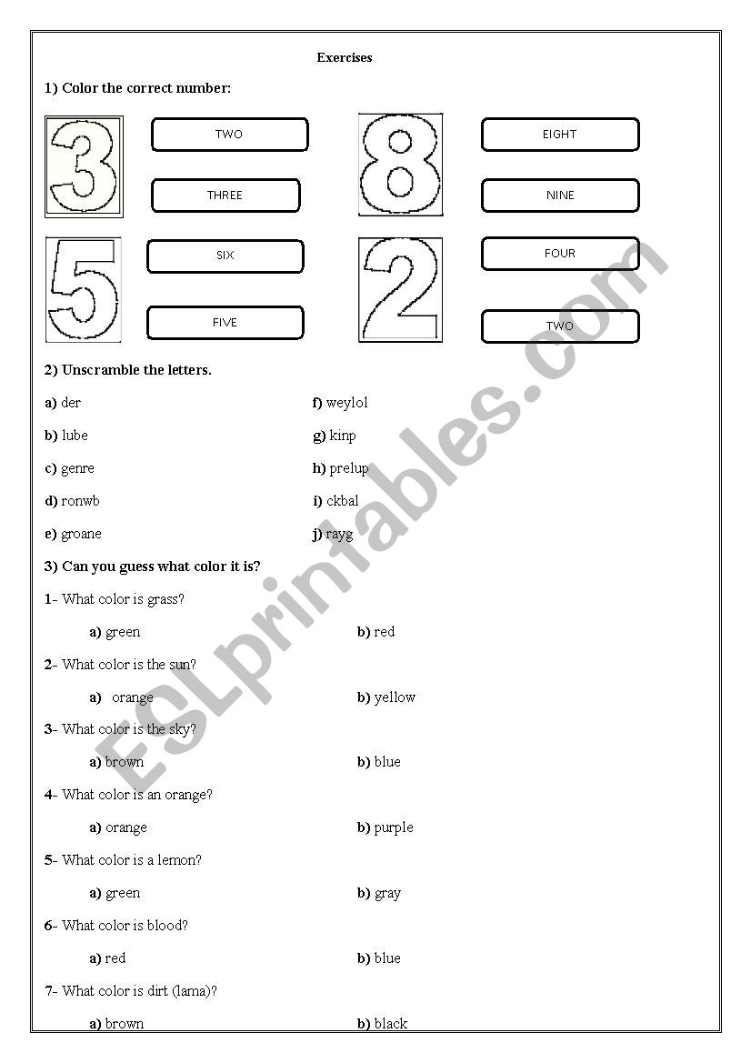 Numbers and colors worksheet