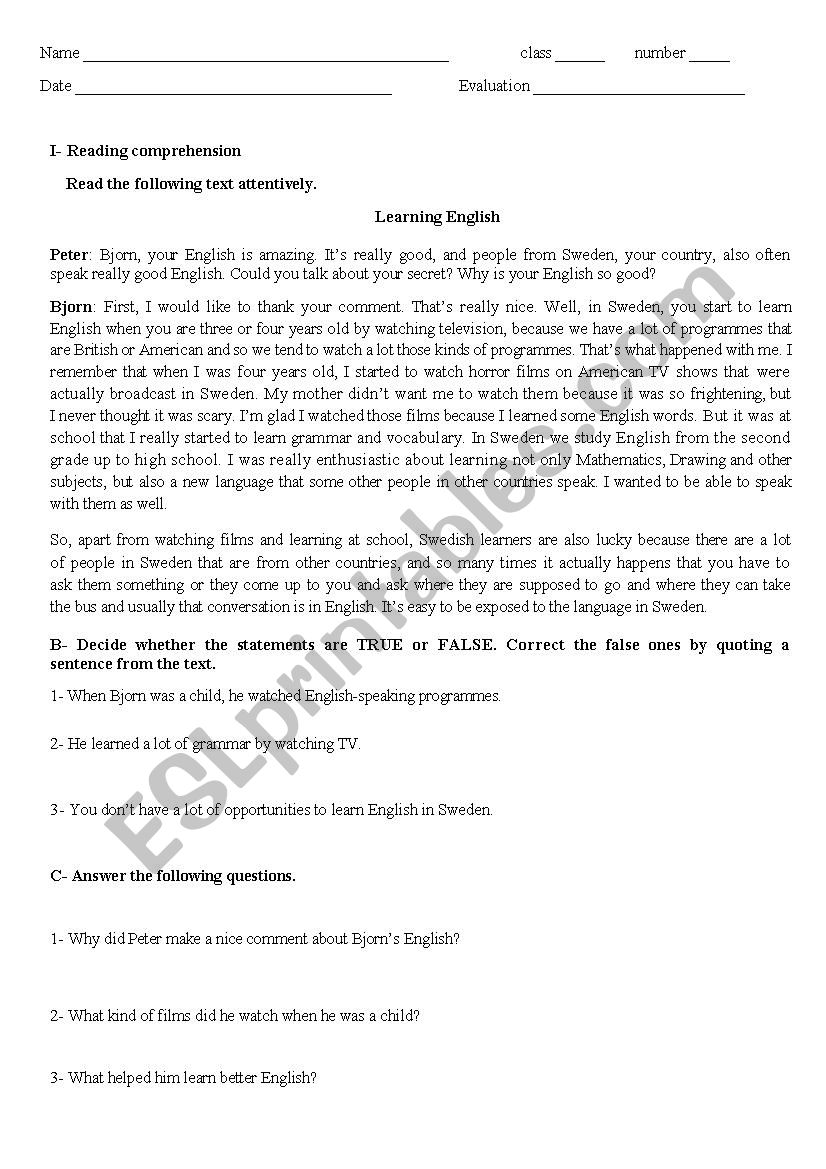 English Test 9th Grade worksheet