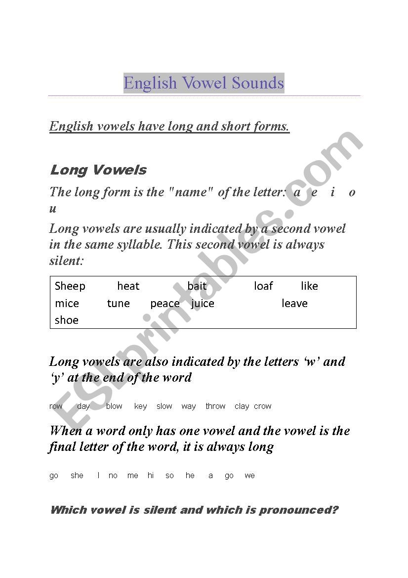 Short and Long Vowels Rules worksheet