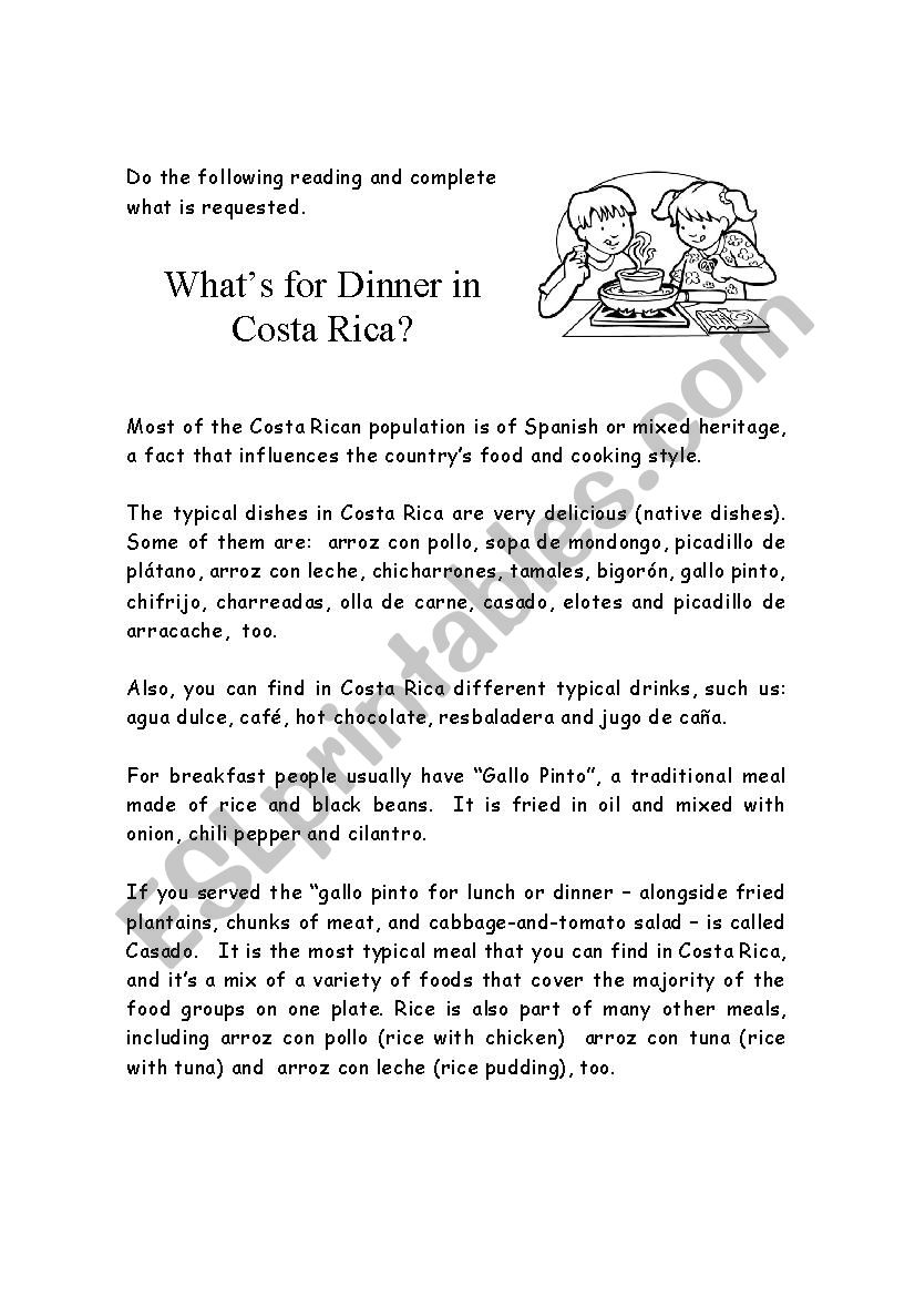 Typical dishes of Costa Rica worksheet