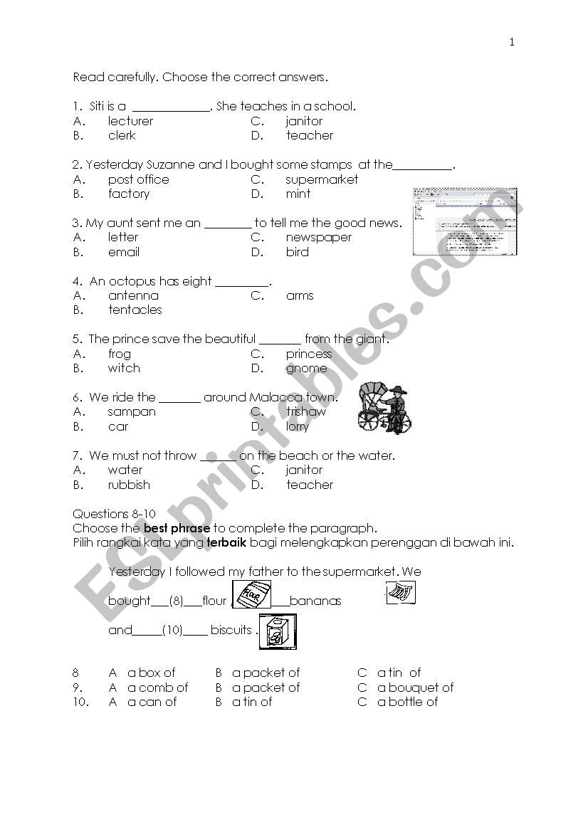 year 4 vocabulary test worksheet