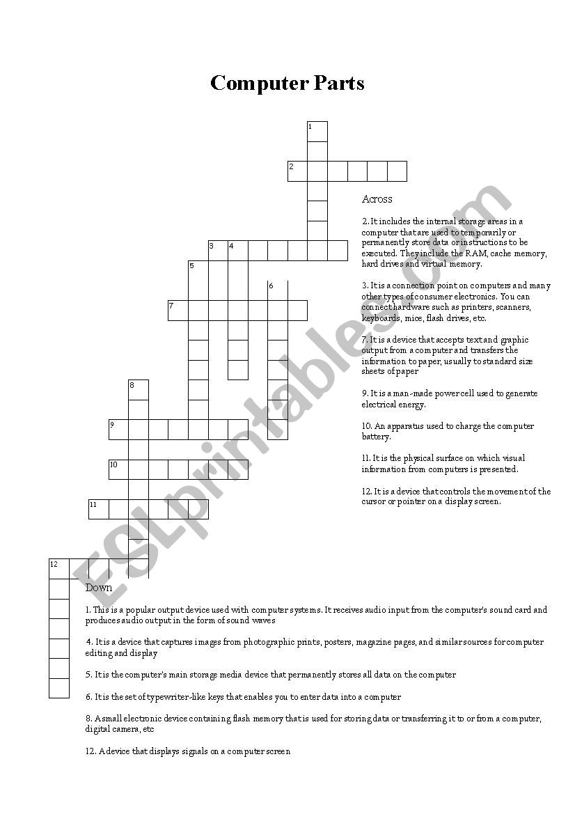 Computer parts crossword worksheet