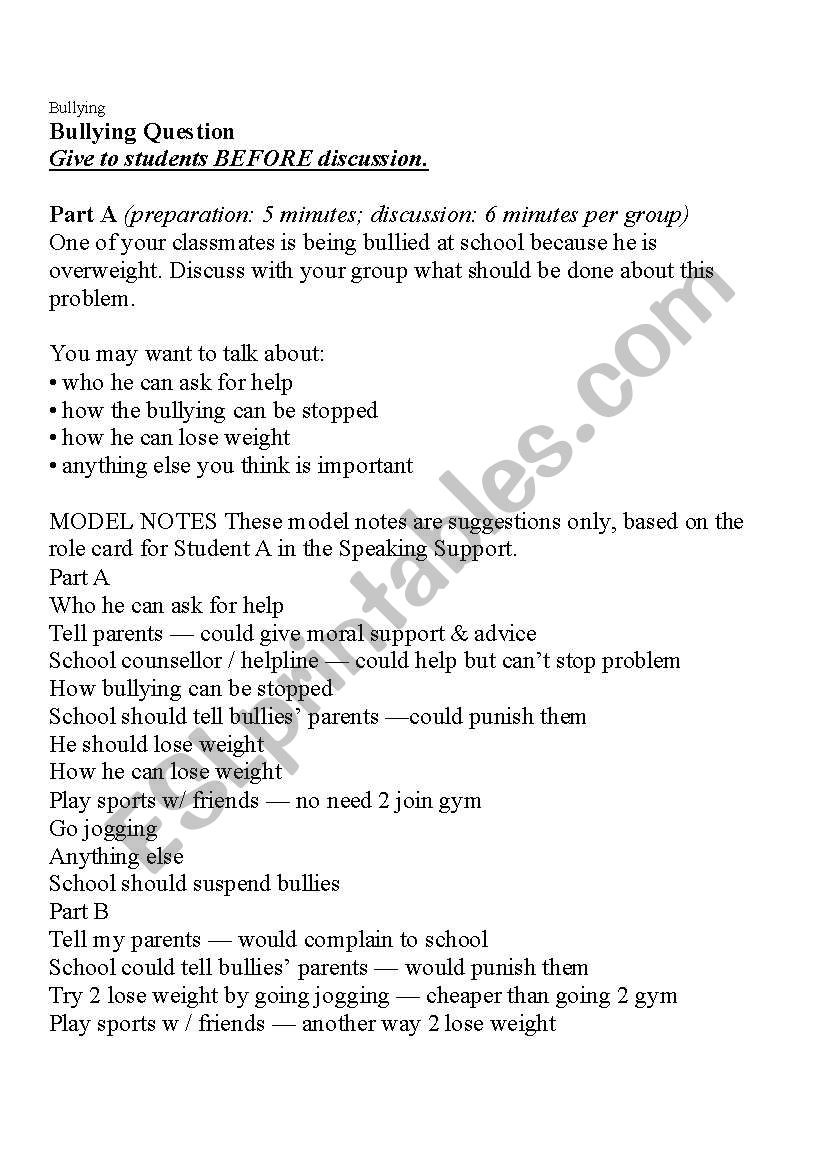 Discussion Topic - Bullying worksheet
