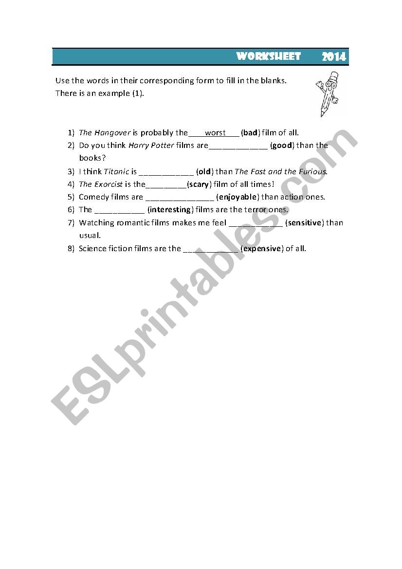 comparatives and superlatives worksheet with films