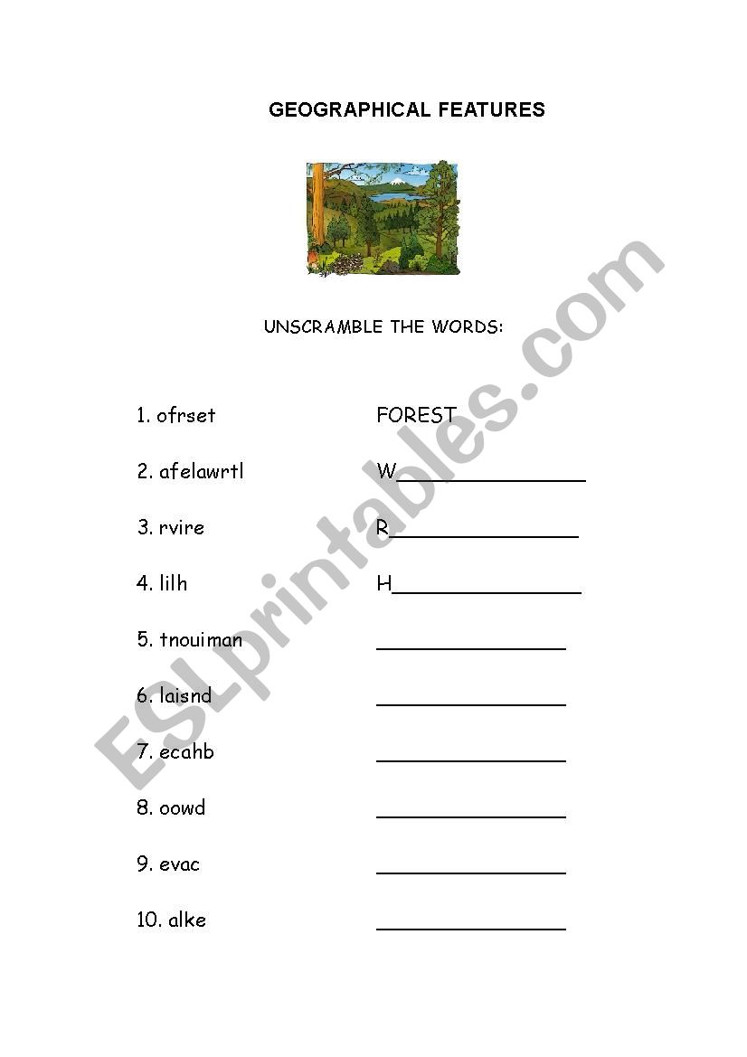 Geographical features worksheet