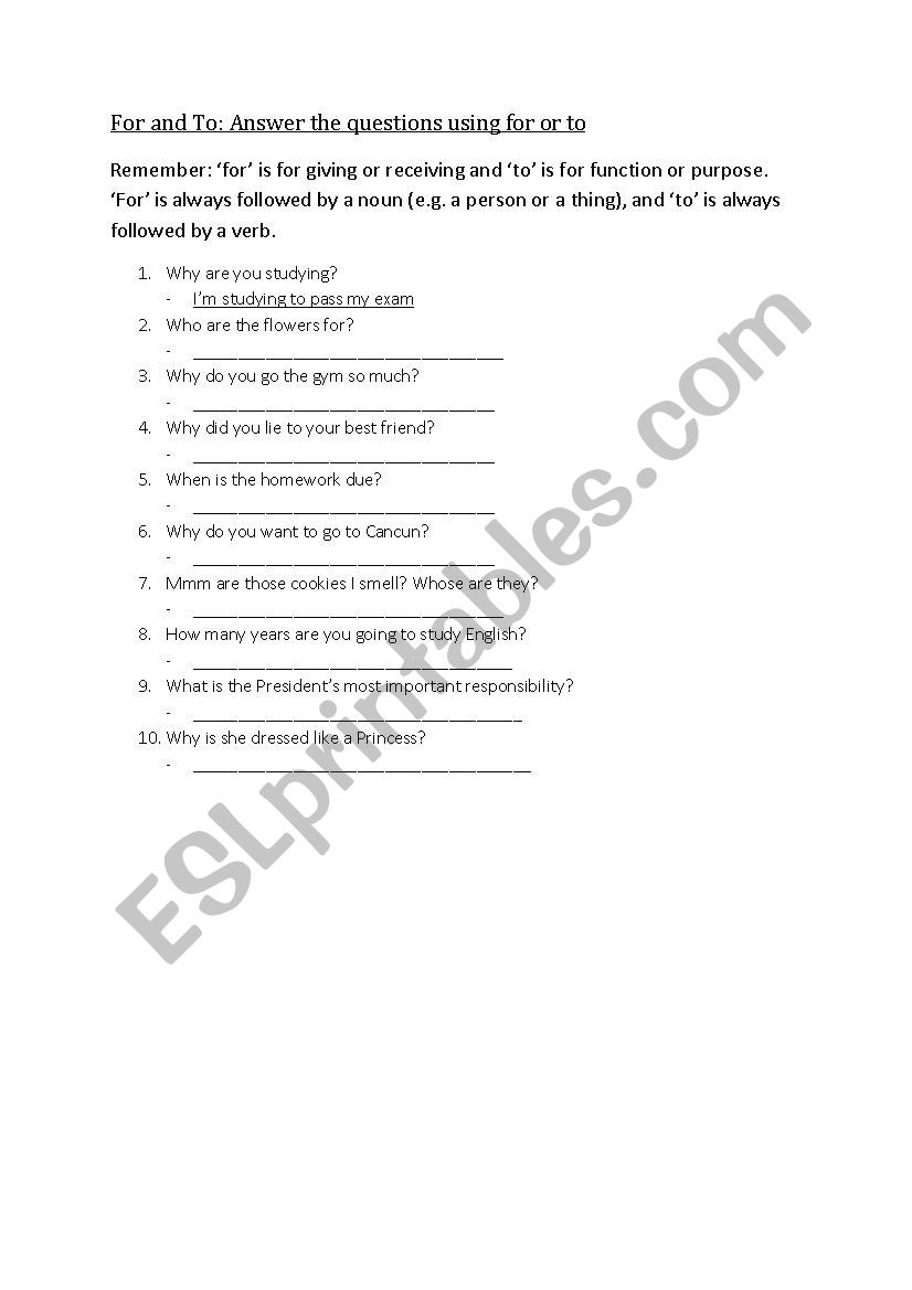 For and To: Infinitive of Purpose Question and Answer Worksheet