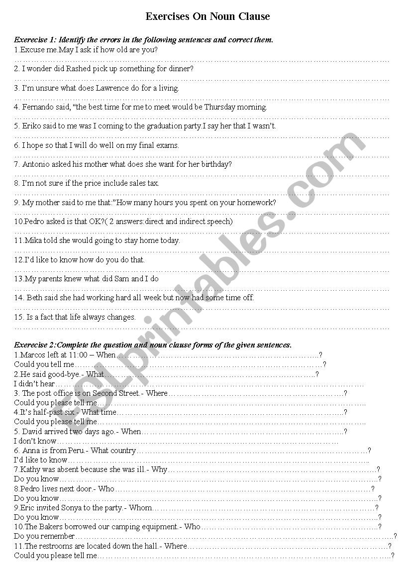 exercises on noun clause worksheet