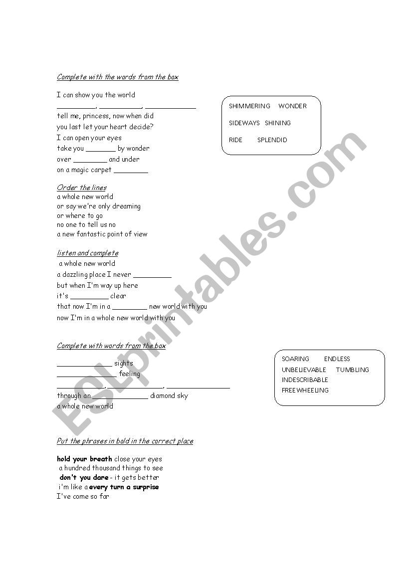 A whole new world worksheet