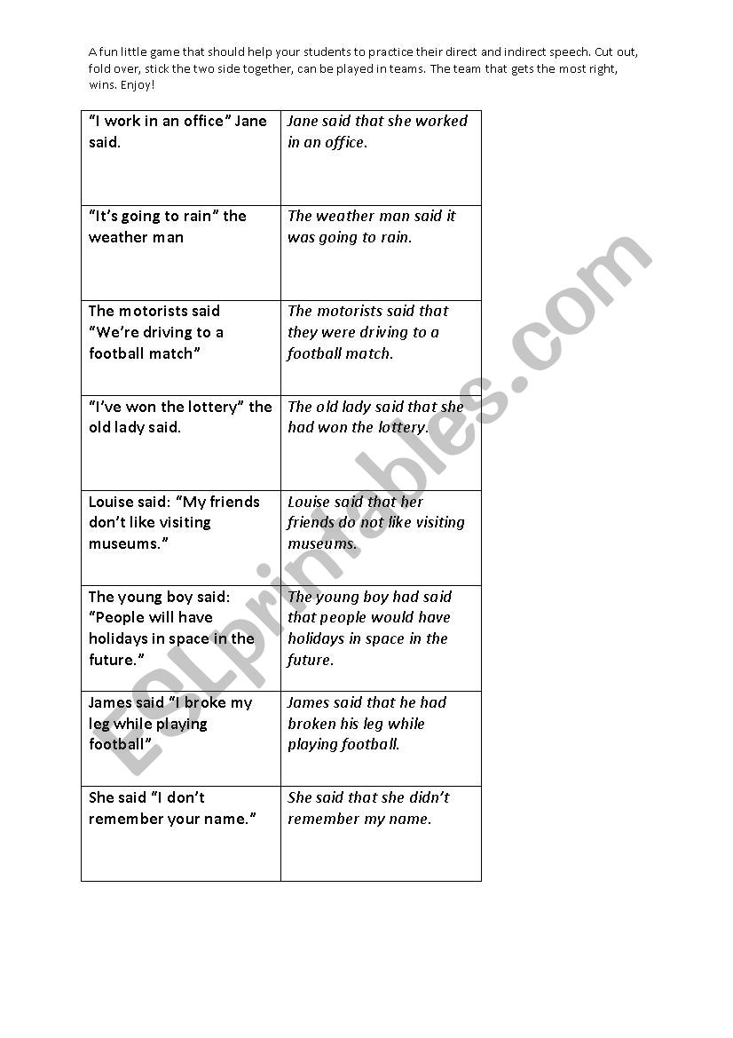 Direct/Indirect Speech Practice Game cards