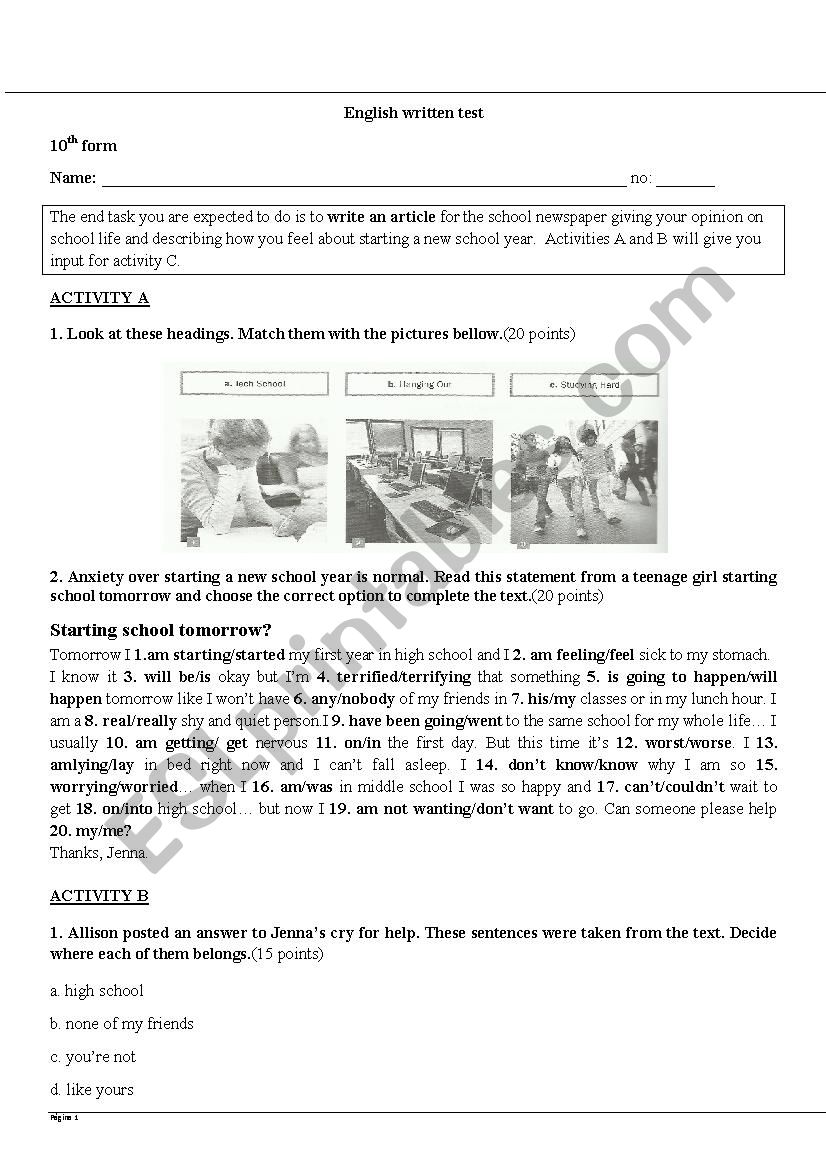 English Test 10th Grade worksheet