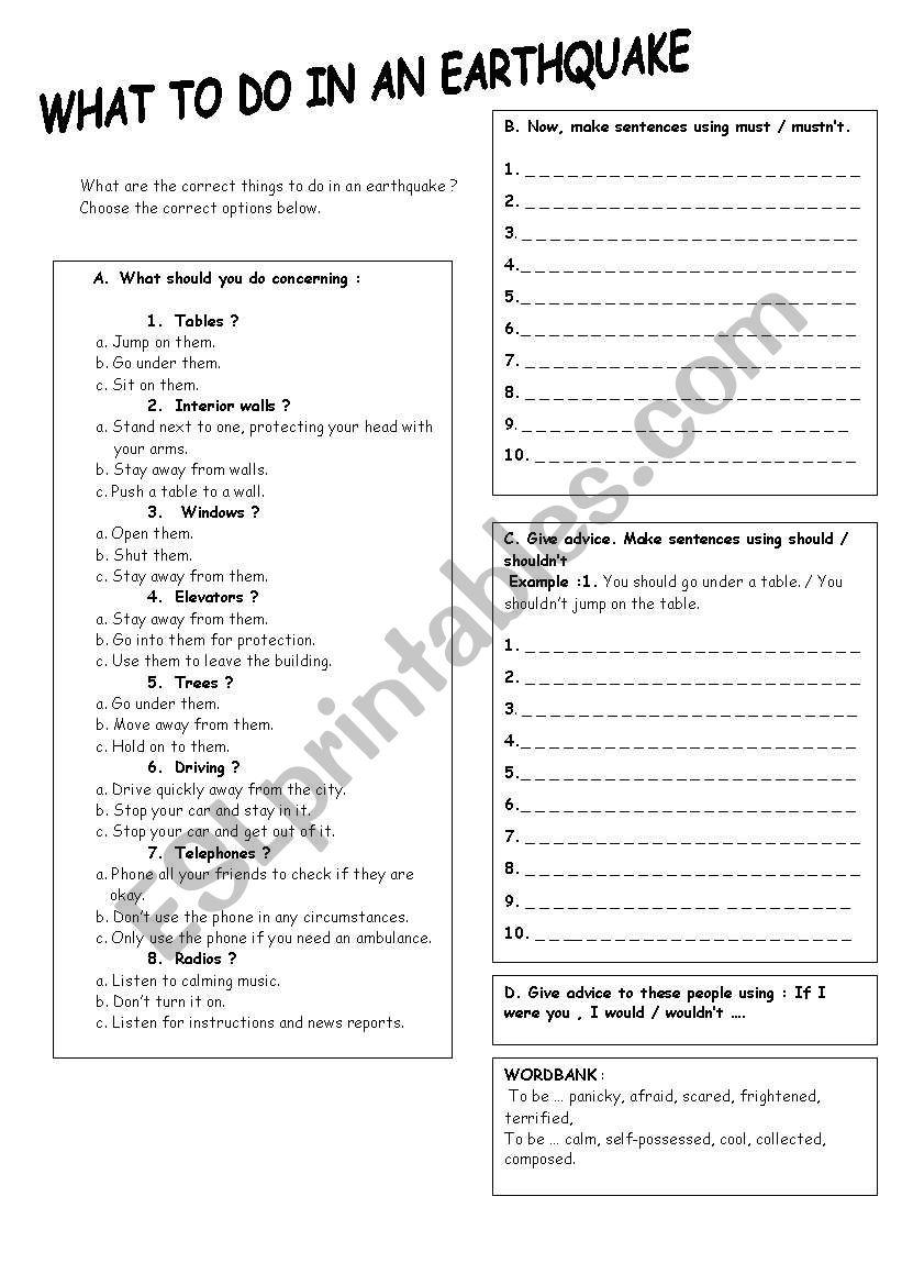 What to de in an earthquake worksheet