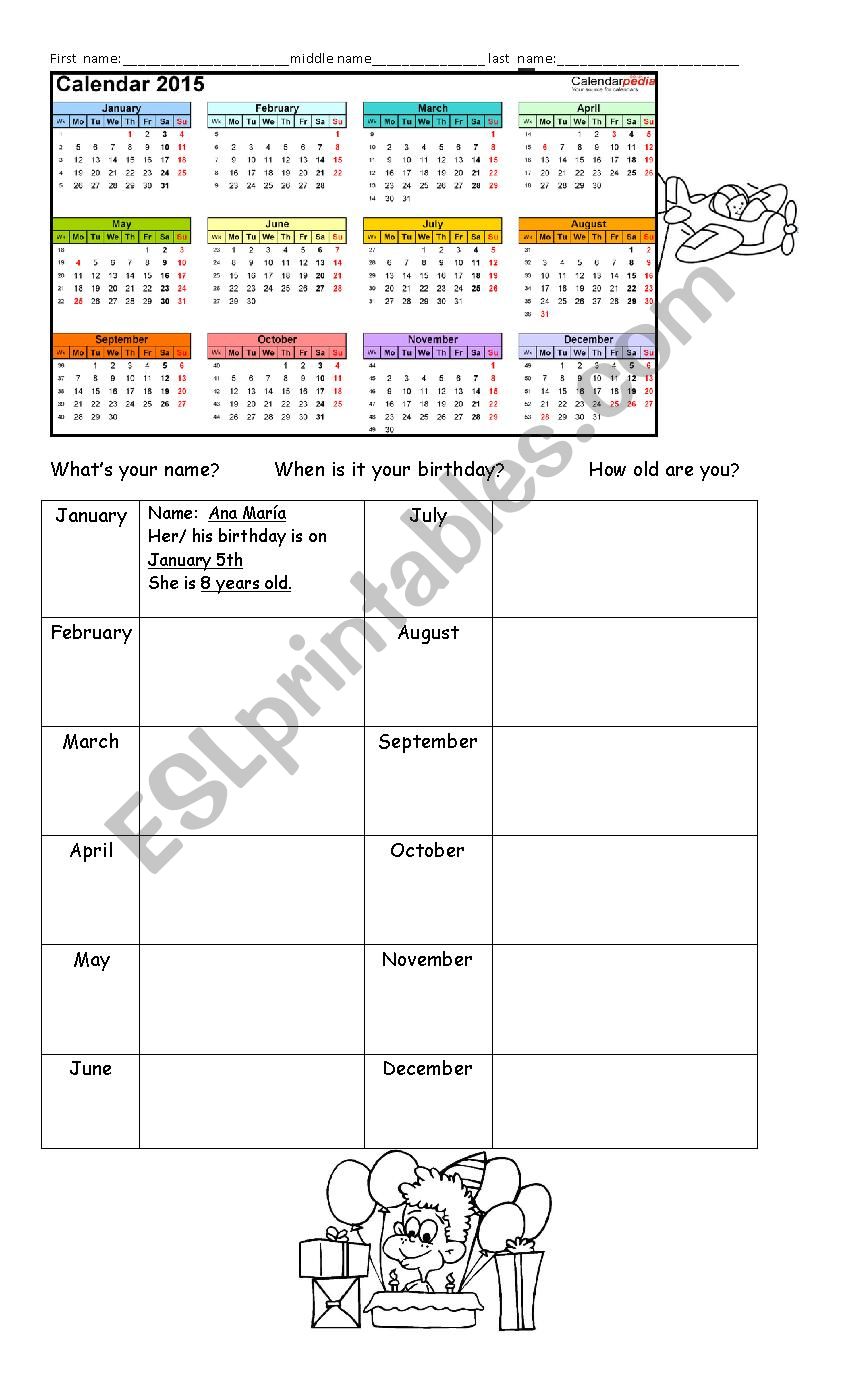 Birthday calendar activity worksheet