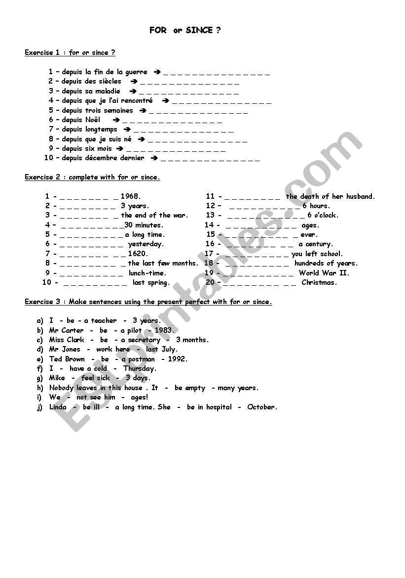 for or since? worksheet