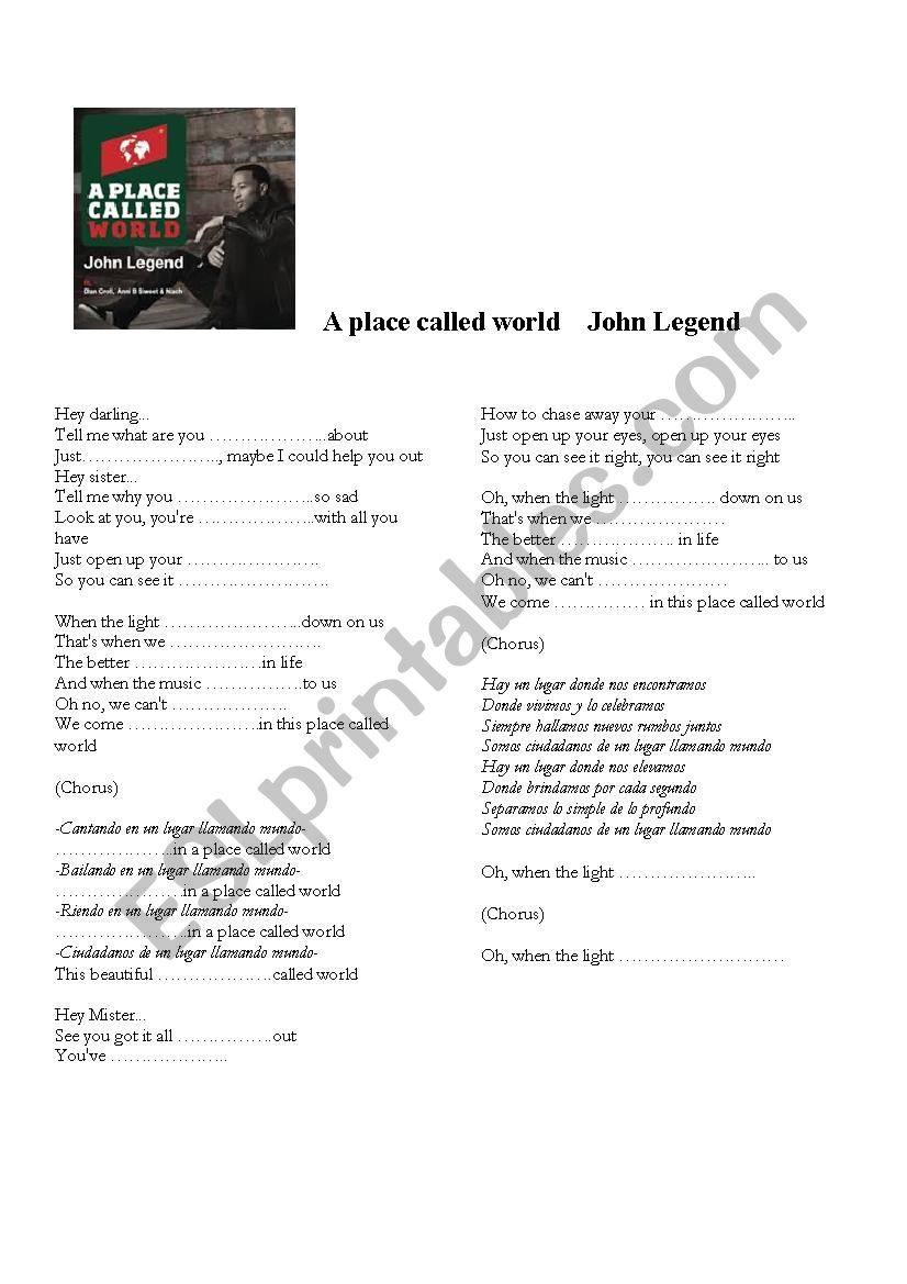 A place called world song worksheet