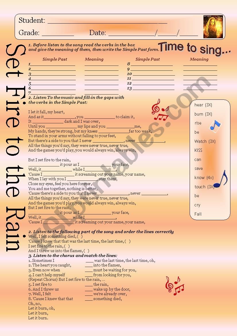 Set Fire to the Rain! worksheet