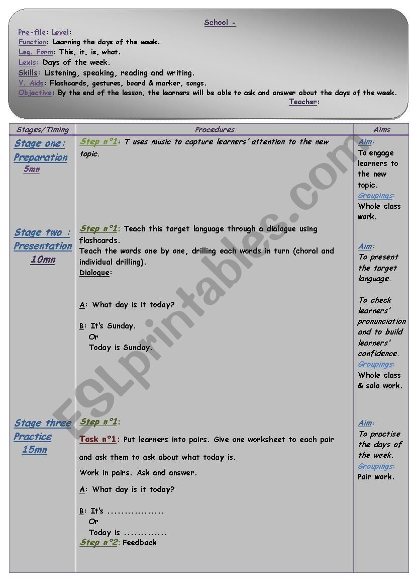 Lesson plan about days of the week.