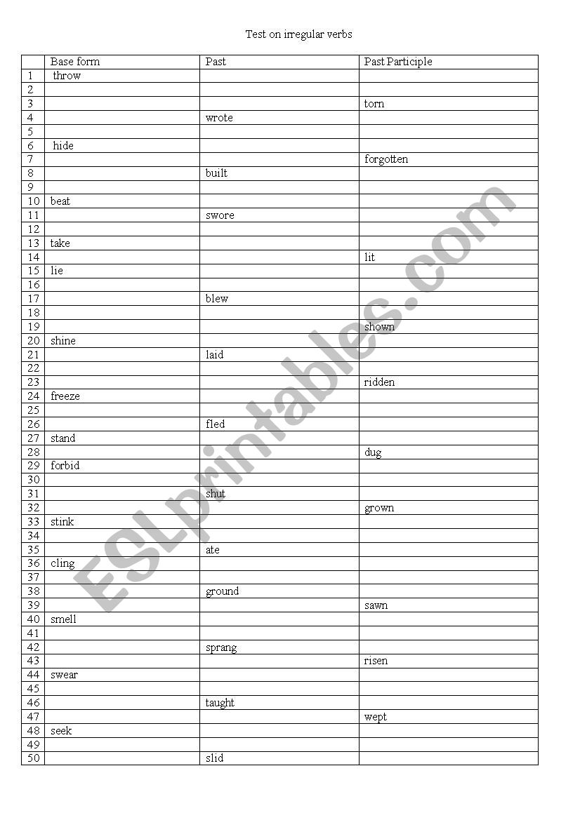 Test on irregular verbs worksheet